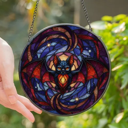 Fantasy Art Lovers' Whimsical Glowing Bat Stained Glass Jewel Tone Twilight Mosaic Stained Glass Suncatcher