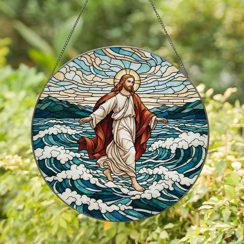 Spiritual Art Enthusiasts Tiffany Style Jesus Christ Ocean Walk Jewel Tone Intricate Seascape Stained Glass Suncatcher