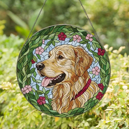 Dog Lovers' High Contrast Golden Retriever Tiffany Stained Glass Floral Mosaic Stained Glass Suncatcher