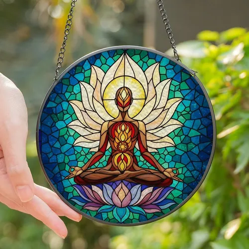 Mindful Living Advocates' Vibrant Stained Glass Chakra Lotus Energy Mosaic Art Stained Glass Suncatcher