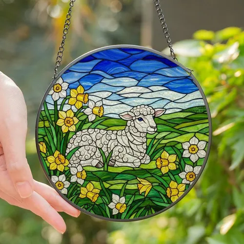 Nature Lovers' Tiffany Stained Glass Fluffy White Lamb Golden Daffodil Green Meadow Mosaic Sky Stained Glass Suncatcher