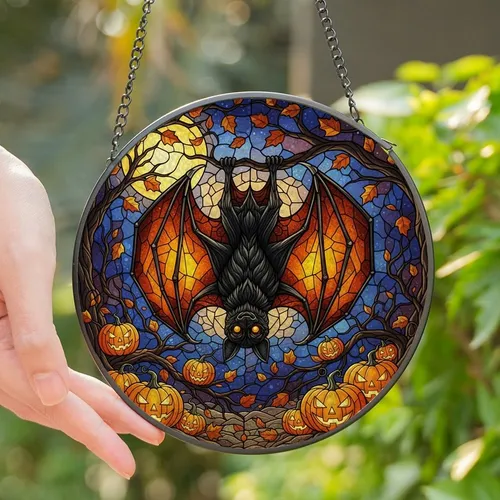 Halloween Enthusiasts' Intricate Stained Glass Black Bat Orange Wing Jack-o'-Lantern Full Moon Mosaic Stained Glass Suncatcher