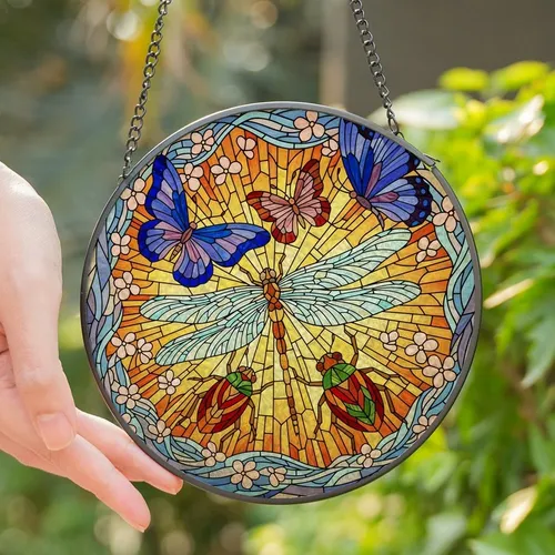 Nature Lovers' Radiant Stained Glass Insect Jewel Tone Floral Mosaic Art Stained Glass Suncatcher