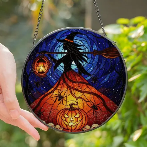Witchy Aesthetic Admirers High Contrast Stained Glass Witch Silhouette Jack-o'-lantern Skulls Mystical Night Sky Glowing Orange Amber Red Stained Glass Suncatcher