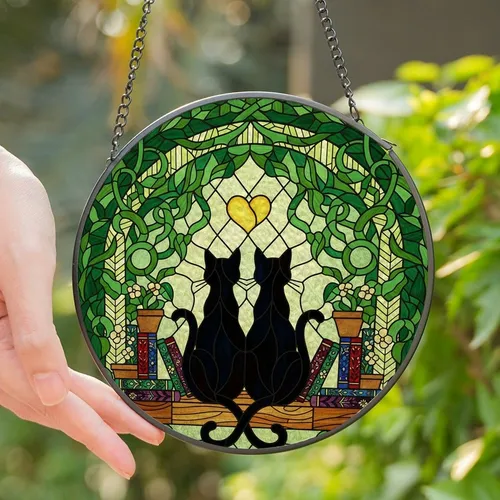 Cat Lovers' Tiffany Style Stained Glass Black Cats Intertwined Tails Yellow Heart Jewel Tones Bookshelf Vines Stained Glass Suncatcher