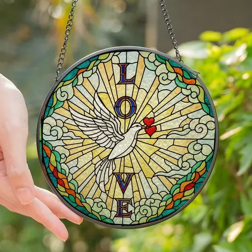 Joyful Hearts' Tiffany Stained Glass White Dove Red Heart LOVE Abstract Swirls Jewel Tones Stained Glass Suncatcher