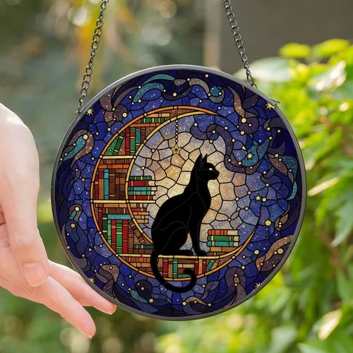 Cat & Book Lovers' Tiffany Stained Glass Black Cat Moon Books Cosmic Amber Emerald Sapphire Stained Glass Suncatcher