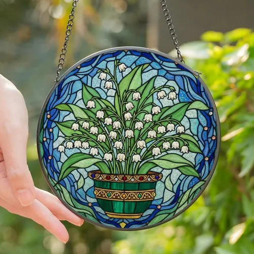 Botanical Art Lovers' Tiffany Style Stained Glass Lily of the Valley Emerald Green Floral Mosaic Stained Glass Suncatcher