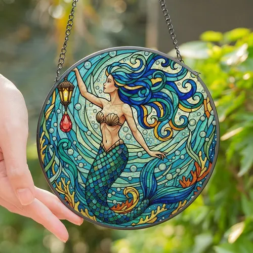 Ocean Lovers' Intricate Stained Glass Mermaid Mosaic, Glowing Jewel Tones Blue Teal Golden Yellow Stained Glass Suncatcher