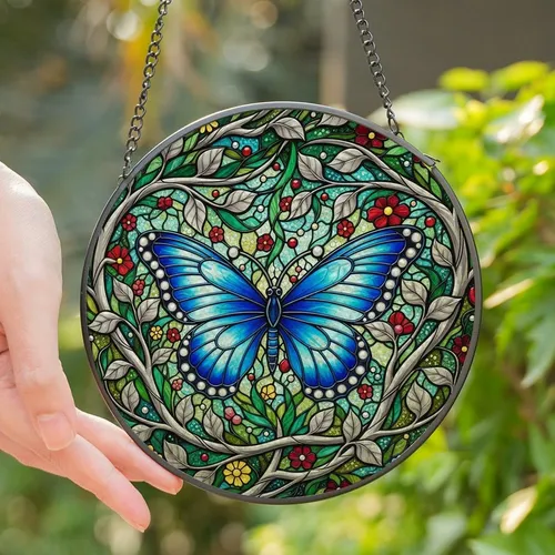 Nature Lovers' Vibrant Blue Butterfly Tiffany Stained Glass Jewel Tone Floral Mosaic Stained Glass Suncatcher