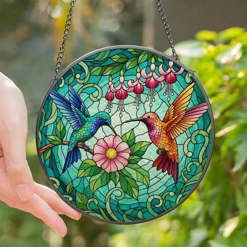 Bird Enthusiasts' Intricate Tiffany Stained Glass Hummingbirds Floral Jewel Tone Mosaic Stained Glass Suncatcher