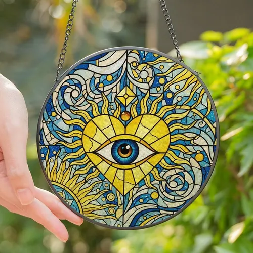 Art Lovers' Vibrant Yellow & Cobalt Blue Stained Glass Seeing Eye Heart Cosmic Mandala Pattern Stained Glass Suncatcher