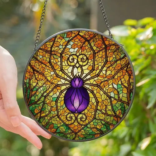 Art Lovers' Royal Purple Bronze Tiffany Stained Glass Spider Autumn Forest Canopy Design Stained Glass Suncatcher