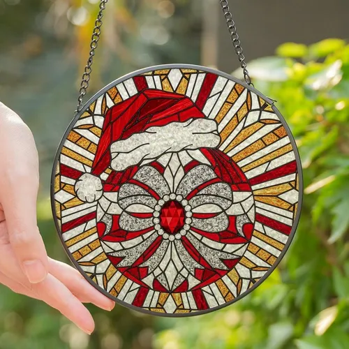 Christmas Enthusiasts' Tiffany Style Stained Glass Ornament Crimson Red Santa Hat Sparkling Jewel Mosaic Stained Glass Suncatcher