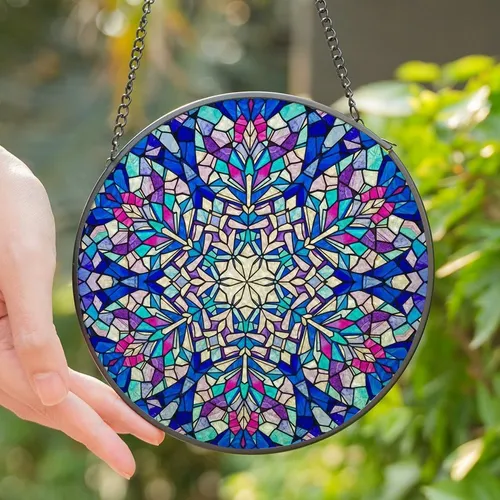 Art & Winter Lovers' Luminous Stained Glass Faceted Snowflake Mosaic Jewel Tone Pattern Stained Glass Suncatcher
