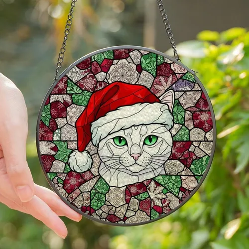 Christmas Cat Lovers' Luminous Jewel Tone White Cat Santa Hat Stained Glass Snowflake Mosaic Stained Glass Suncatcher