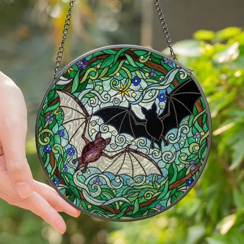 Fantasy Gothic Art Lovers' Iridescent Stained Glass Bat Mosaic Purple Black Tiffany Style Intricate Vine Moonlight Stained Glass Suncatcher