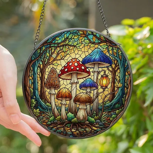 Fantasy Art Fans' Intricate Jewel Tone Stained Glass Mushroom Forest Mosaic Pattern Stained Glass Suncatcher