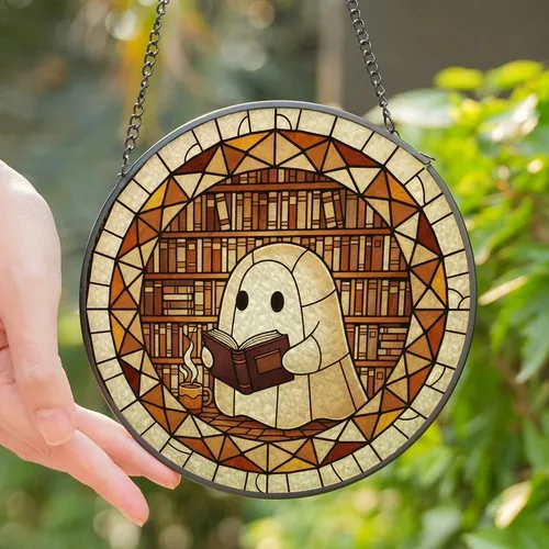 Book Lovers' Intricate Amber Gold Tiffany Stained Glass Ghost Reading Cozy Bookshelf Nook Stained Glass Suncatcher