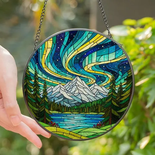 Nature Lovers' Majestic Tiffany Stained Glass Emerald Mountain Aurora Borealis Night Sky Mosaic Stained Glass Suncatcher