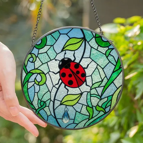 Stained Glass Art Fans' Vibrant Ruby Red Ladybug Tiffany Mosaic with Emerald Leaves & Sky Blue Botanicals Stained Glass Suncatcher