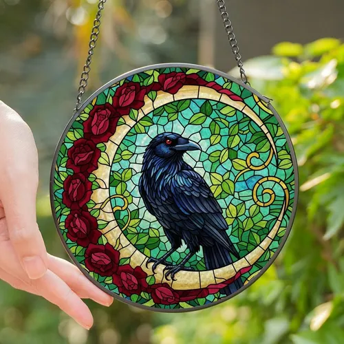 Fantasy Art Enthusiasts' Intricate Tiffany Stained Glass Raven Moon Red Rose Emerald Mosaic Stained Glass Suncatcher