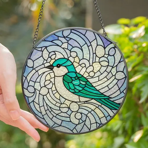 Art Lovers' High Contrast Tiffany Style Stained Glass Teal Emerald Bird Art Nouveau Mosaic Stained Glass Suncatcher