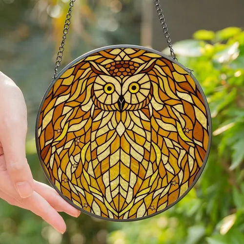 Owl Lovers' Golden Amber Yellow Black Intricate Tiffany Stained Glass Stylized Owl Head Moonlit Forest Mosaic Pattern Stained Glass Suncatcher