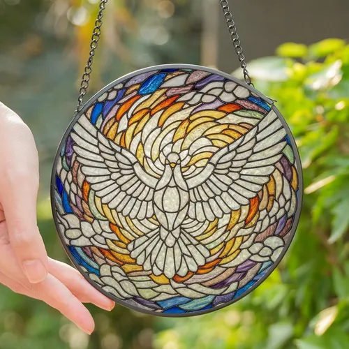 Elegant Style Enthusiasts' Stained Glass Stylized White Dove Celestial Mosaic Opalescent White Iridescent Silver Tiffany Inspired Stained Glass Suncatcher