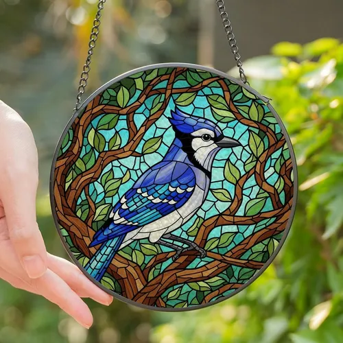 Nature Lovers' Vibrant Stained Glass Blue Jay Sapphire Blue Tiffany Style Nature Mosaic Stained Glass Suncatcher