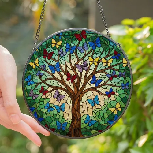 Art Lovers' Vibrant Jewel Tone Stained Glass Majestic Tree Butterflies Mosaic Art Stained Glass Suncatcher