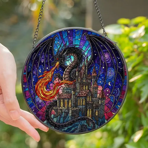 Fantasy Art Lovers' Vibrant Stained Glass Black Dragon Castle Cosmic Jewel Tone Art Stained Glass Suncatcher