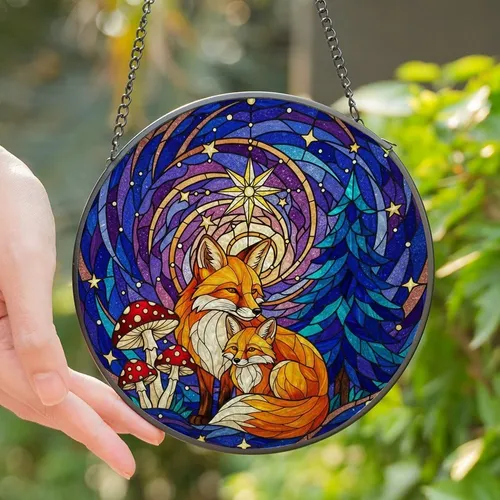 Nature Lovers' Tiffany Stained Glass Fox Embrace Celestial Starry Night Jewel Tone Pattern Stained Glass Suncatcher