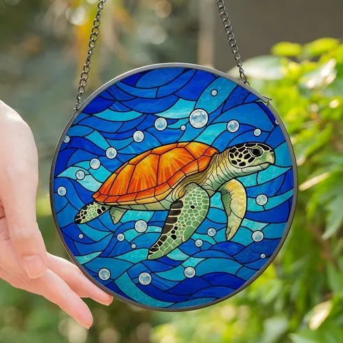 Ocean Enthusiasts' Vibrant Tiffany Stained Glass Sea Turtle Orange Green Blue Mosaic Art Stained Glass Suncatcher