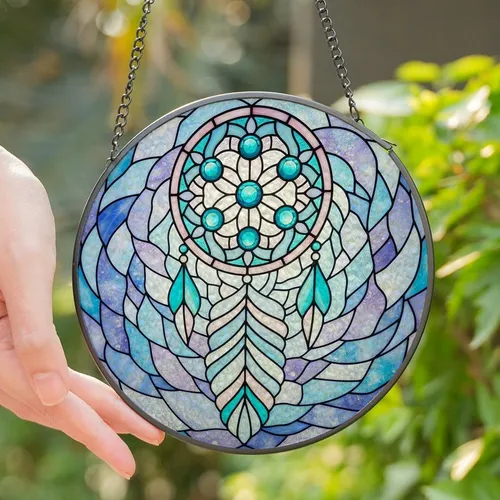 Art Lovers' Stained Glass Dreamcatcher Turquoise Gem Floral Feather Ethereal Sky Mosaic Stained Glass Suncatcher