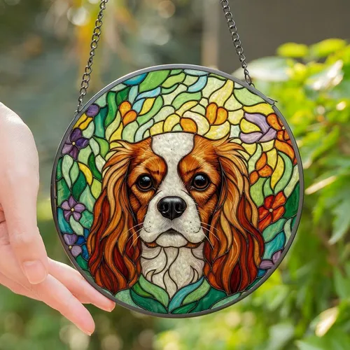 Cavalier Lovers' Tiffany Stained Glass Dog Portrait, Radiant Jewel Tone Mosaic Swirls Stained Glass Suncatcher