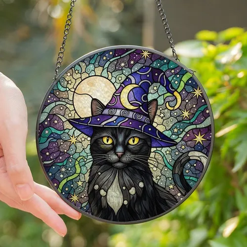 Magic Lovers' Intricate Tiffany Glass Black Cat Celestial Night Sky Mosaic Art Purple Yellow Green Stained Glass Suncatcher