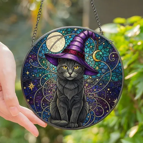 Witchy Cat Lovers' Tiffany Style Iridescent Stained Glass Gray Cat Purple Witch Hat Golden Moon Mystical Night Sky Mosaic Stained Glass Suncatcher