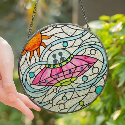 Sci-Fi Enthusiasts' Tiffany Glass UFO Alien Iridescent Pink Blue Orange Green Mosaic Edge-to-Edge Stained Glass Suncatcher