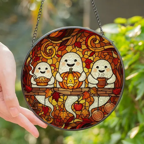 Autumn Enthusiasts' Whimsical Stained Glass Ghosts Pumpkin Pie Mug Amber Orange Red Mosaic Stained Glass Suncatcher