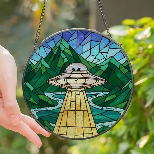 Sci-Fi Fans' Iridescent Jewel Tone Stained Glass UFO Alien Beam Geometric Mountain Mosaic Stained Glass Suncatcher