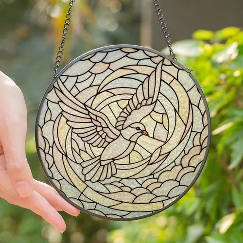 Art Lovers' Glowing Iridescent Pastel Stained Glass Dove, Swirling Wind & Cloud Mosaic Stained Glass Suncatcher