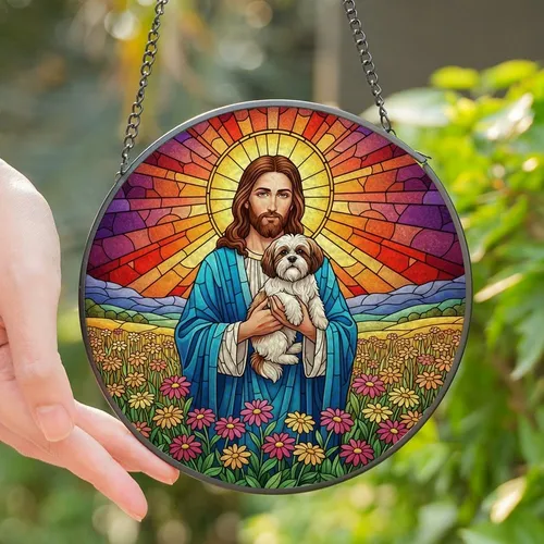 Faith-Inspired Dog Lovers' Stained Glass Jesus Shih Tzu Portrait, Radiant Halo, Wildflower Mosaic, Tiffany Jewel Tones Stained Glass Suncatcher