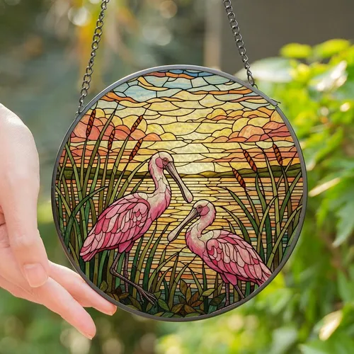 Nature Lovers' Vibrant Pink Roseate Spoonbill Stained Glass Marsh Sunset Mosaic Stained Glass Suncatcher