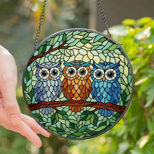 Owl Lovers' Intricate Stained Glass Three Owls Forest Mosaic Jewel Tones Pattern Emerald Orange Blue Stained Glass Suncatcher