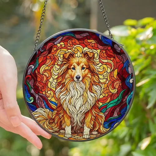 Shetland Sheepdog Lovers' Vibrant Stained Glass Sheltie Portrait, Tiffany Style Jewel Tones, Abstract Mosaic Background Orange Red Blue Stained Glass Suncatcher