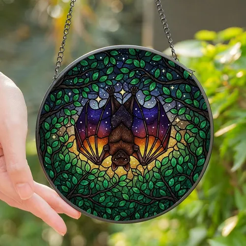 Mystical Art Admirers Deep Violet Amber Stained Glass Cosmic Bat Twilight Forest Mosaic Stained Glass Suncatcher