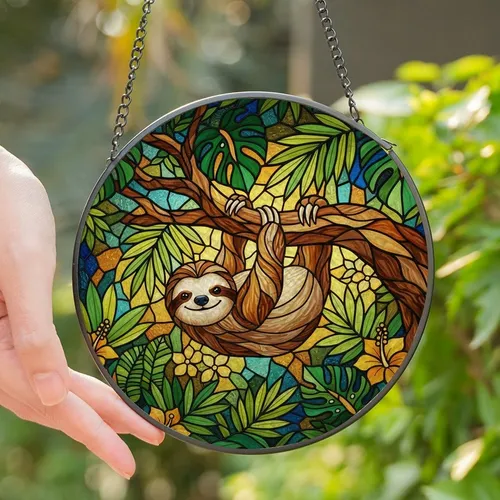 Sloth Lovers' Intricate Stained Glass Sloth Jungle Mosaic Vibrant Jewel Tones Stained Glass Suncatcher