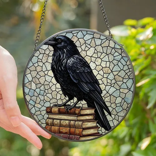 Art Lovers' Ornate Stained Glass Raven Vintage Books Jewel Tone Mosaic Pattern Stained Glass Suncatcher