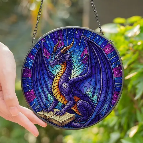 Fantasy Art Lovers' Intricate Tiffany Stained Glass Dragon Celestial Book Purple Blue Gold Nebula Stained Glass Suncatcher